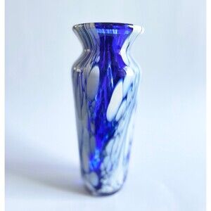 Monte Dunlavy signed blue and white swirl, blown glass vase | Made in the USA